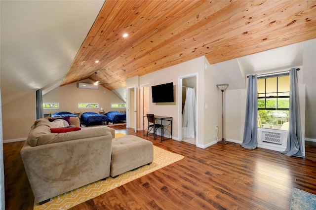 living room featuring wood ceiling, a wall mounted air conditioner, wood-type flooring, and lofted ceiling