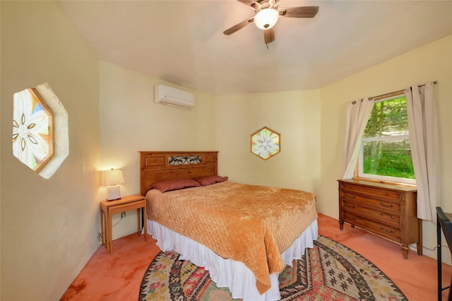 bedroom featuring an AC wall unit, ceiling fan, and light colored carpet