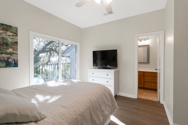 bedroom featuring access to exterior, ceiling fan, dark hardwood / wood-style flooring, and ensuite bathroom