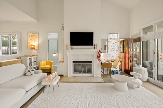 living area featuring a fireplace with flush hearth and high vaulted ceiling