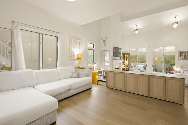 living area featuring light wood-style flooring and a towering ceiling