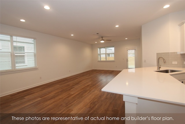 kitchen with ceiling fan, dark hardwood / wood-style flooring, sink, and tasteful backsplash