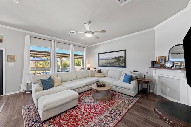 living room featuring ceiling fan, crown molding, and dark wood-type flooring