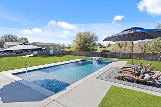 view of pool with a yard and pool water feature