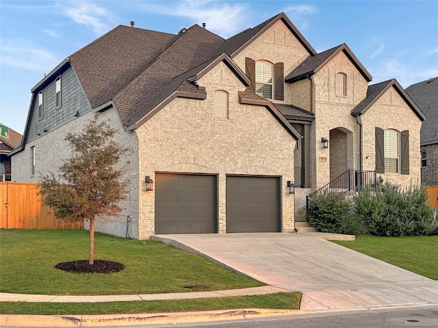 french provincial home featuring brick siding, fence, a garage, driveway, and a front lawn