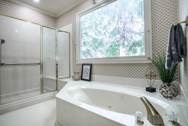 bathroom featuring separate shower and tub and ornamental molding