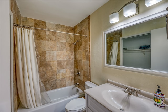 full bathroom with shower / bath combination with curtain, vanity, and toilet