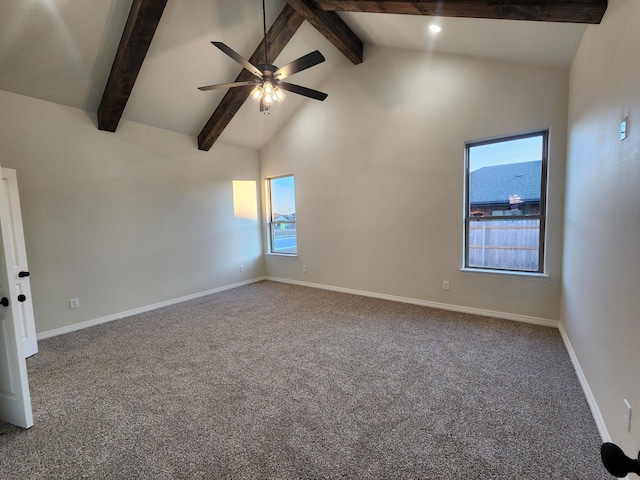 unfurnished room with ceiling fan, high vaulted ceiling, beam ceiling, and carpet flooring