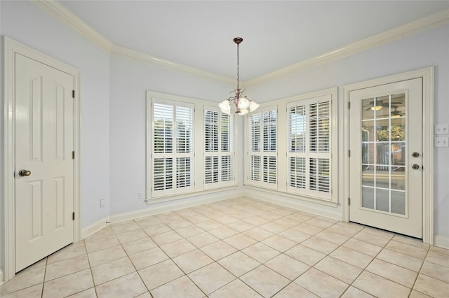 unfurnished dining area featuring crown molding, light tile patterned floors, and an inviting chandelier