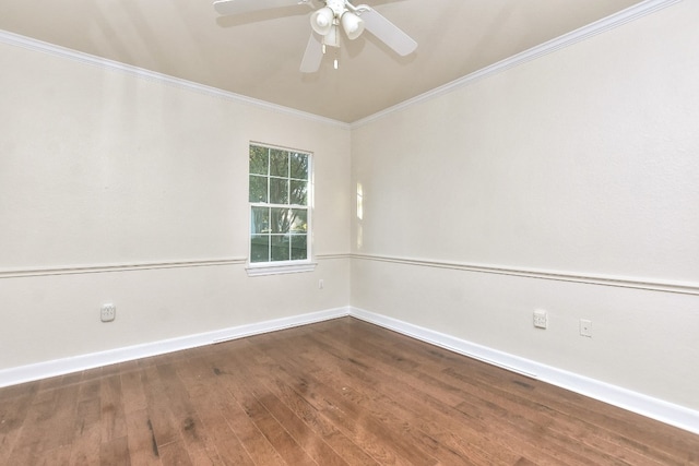 unfurnished room with ceiling fan, hardwood / wood-style floors, and ornamental molding