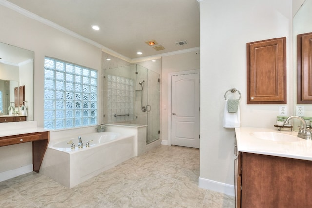 bathroom with vanity, crown molding, and plus walk in shower