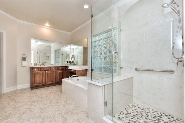 bathroom with vanity, ornamental molding, and shower with separate bathtub