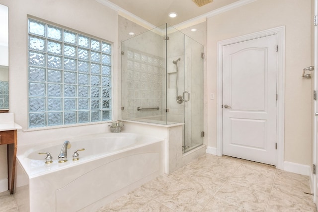 bathroom featuring shower with separate bathtub, vanity, and ornamental molding