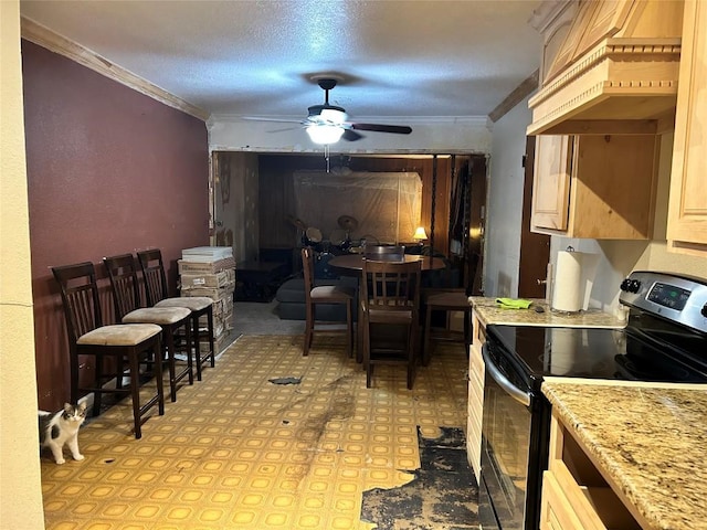 dining area featuring a textured ceiling, ceiling fan, and crown molding