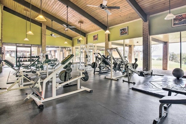 workout area with high vaulted ceiling, ceiling fan, and wooden ceiling