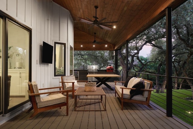 4101 Mcbrine Pl, Austin, TX 78746 - wooden deck featuring ceiling fan, an outdoor hangout area, and grilling area