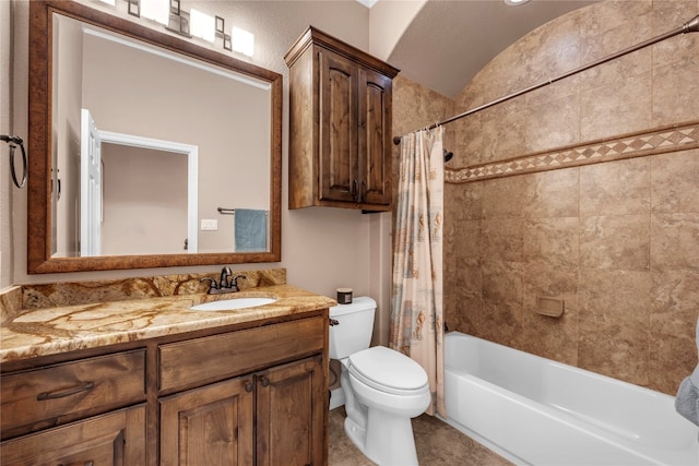 full bathroom with vanity, lofted ceiling, toilet, shower / bathtub combination with curtain, and a textured ceiling