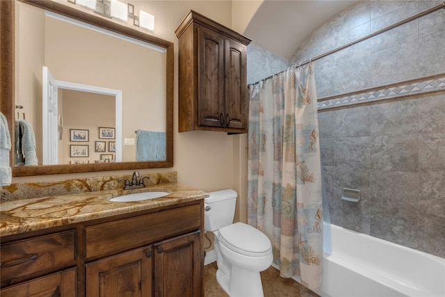 full bathroom featuring tile patterned flooring, shower / bath combo, vanity, and toilet