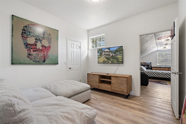 bedroom with multiple windows, hardwood / wood-style floors, and vaulted ceiling