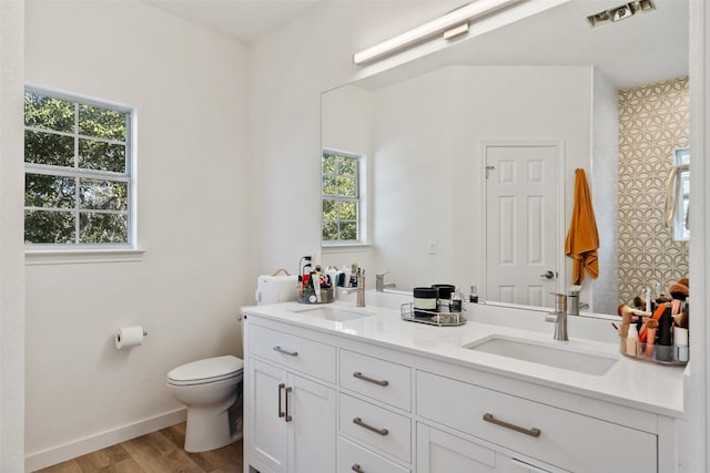 bathroom with a wealth of natural light, vanity, wood-type flooring, and toilet