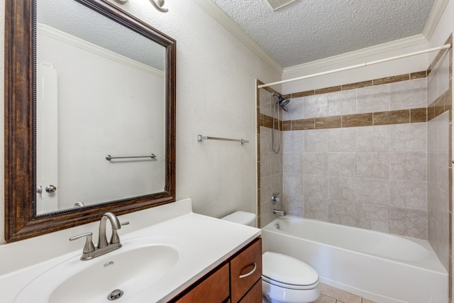 full bathroom featuring vanity, a textured ceiling, tiled shower / bath combo, and crown molding