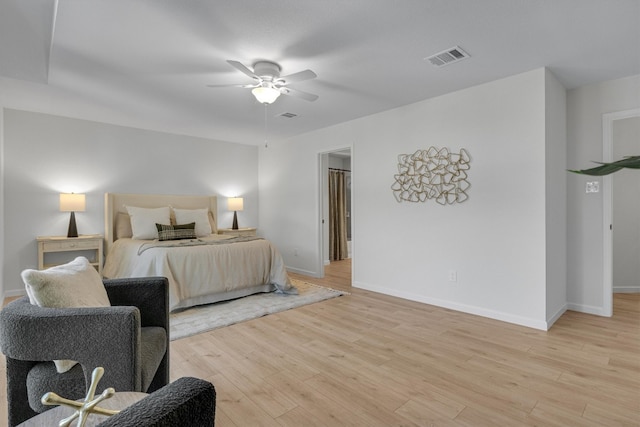 bedroom with ceiling fan and light hardwood / wood-style floors