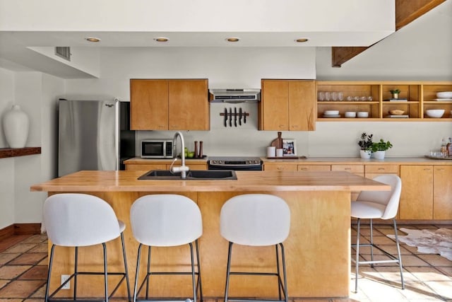 kitchen featuring appliances with stainless steel finishes, a kitchen breakfast bar, ventilation hood, a kitchen island with sink, and sink