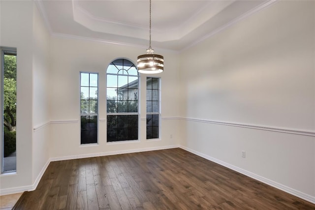 3704 Bunyan Cir, Lago Vista, TX 78645 - unfurnished dining area with a raised ceiling, dark wood-style floors, a chandelier, and ornamental molding