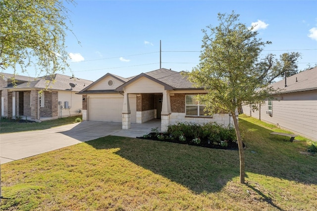 single story home featuring a garage and a front yard