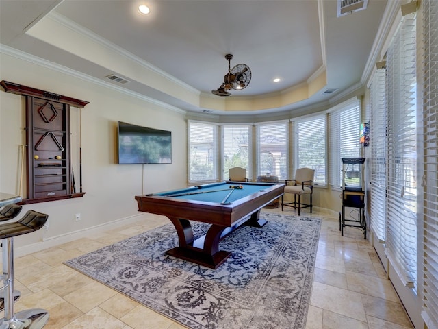 playroom featuring billiards, crown molding, and a wealth of natural light