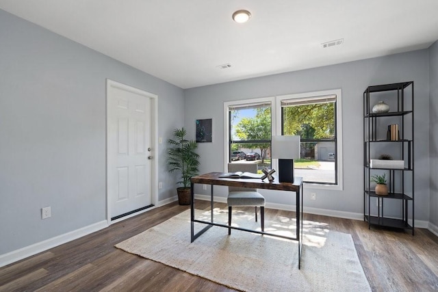 office area with dark hardwood / wood-style floors