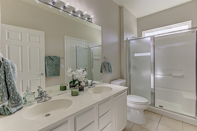 bathroom featuring toilet, tile patterned flooring, vanity, and walk in shower