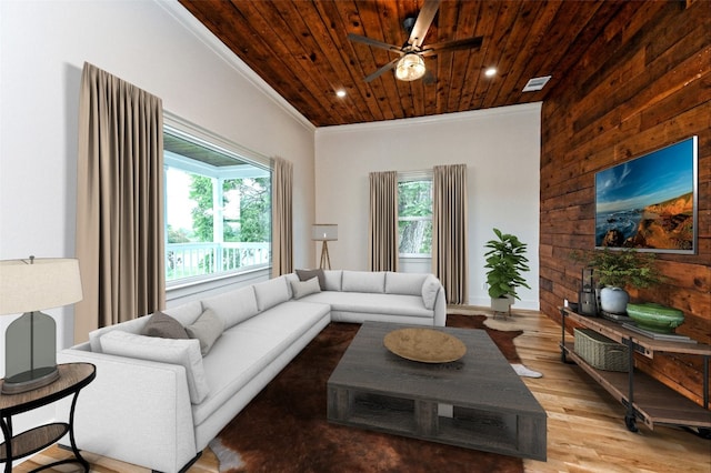 living room with ceiling fan, wooden ceiling, a wealth of natural light, and light hardwood / wood-style flooring