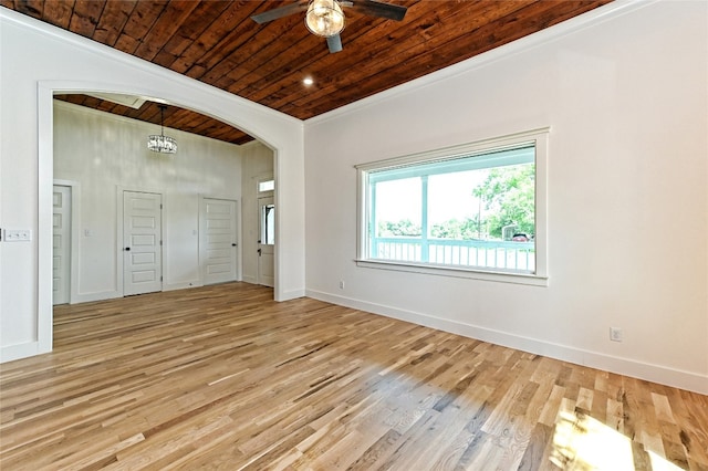 unfurnished room featuring ornamental molding, wood ceiling, ceiling fan with notable chandelier, and light wood-type flooring