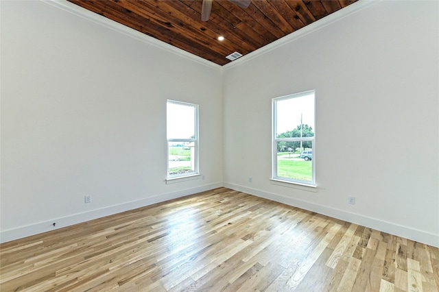 spare room featuring ceiling fan, light wood-type flooring, wood ceiling, and ornamental molding