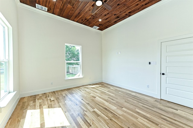 empty room with ceiling fan, light hardwood / wood-style flooring, wood ceiling, and ornamental molding