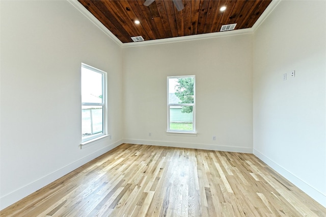 empty room with light hardwood / wood-style floors, crown molding, ceiling fan, and wooden ceiling