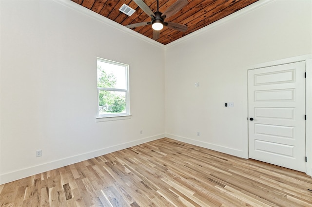 empty room with ceiling fan, wooden ceiling, ornamental molding, and light hardwood / wood-style flooring