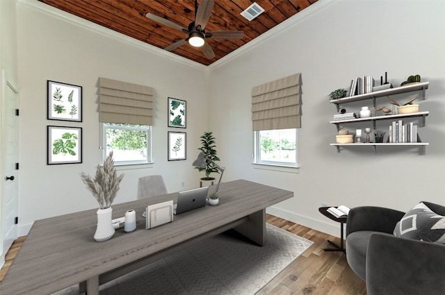 office space featuring ceiling fan, crown molding, wooden ceiling, and light hardwood / wood-style floors