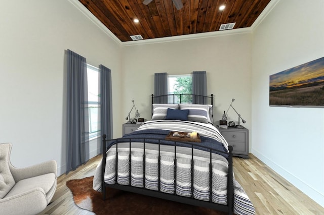 bedroom featuring light hardwood / wood-style flooring, multiple windows, crown molding, and wood ceiling