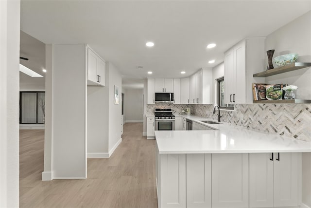 kitchen featuring kitchen peninsula, sink, appliances with stainless steel finishes, tasteful backsplash, and white cabinetry