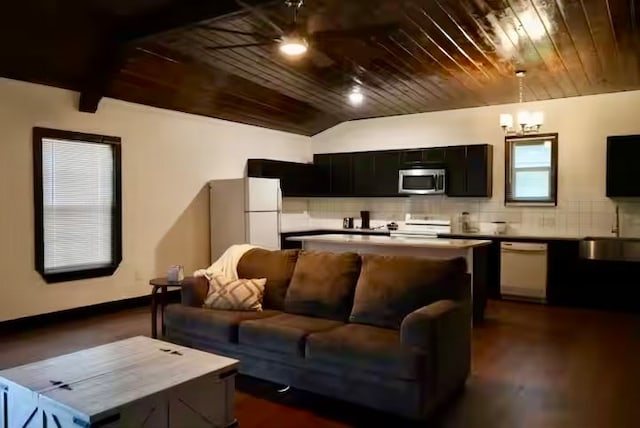 living room with lofted ceiling, wood ceiling, dark hardwood / wood-style floors, and an inviting chandelier