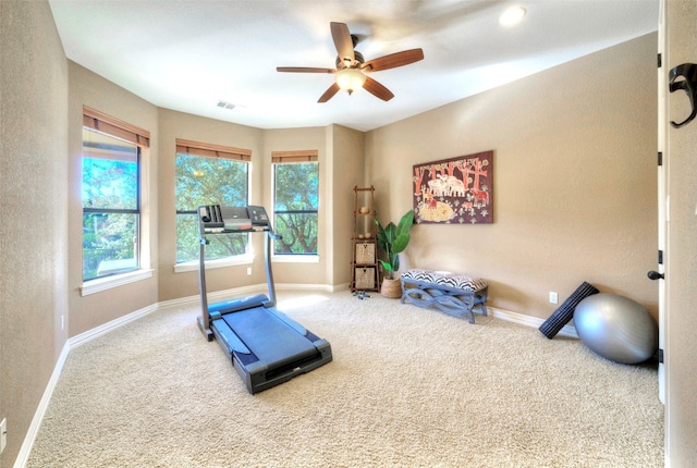 exercise room with carpet floors, a wealth of natural light, and ceiling fan