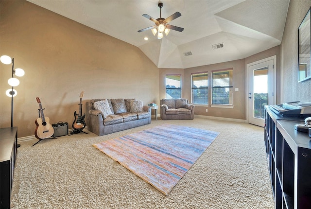 living room with carpet, ceiling fan, and lofted ceiling