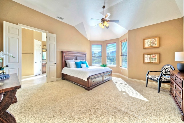 carpeted bedroom featuring ceiling fan and lofted ceiling