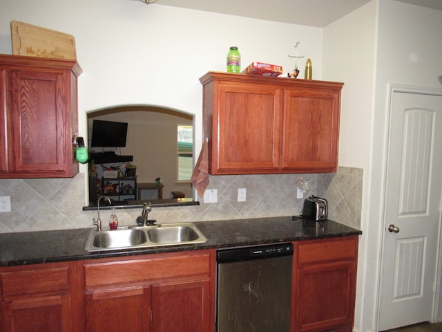 kitchen with stainless steel dishwasher, decorative backsplash, and sink