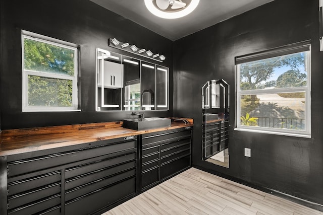 bathroom with hardwood / wood-style floors and vanity