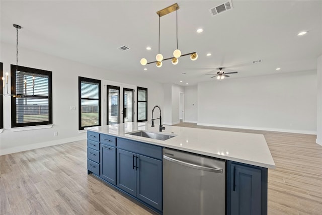 kitchen with stainless steel dishwasher, a kitchen island with sink, sink, and a wealth of natural light