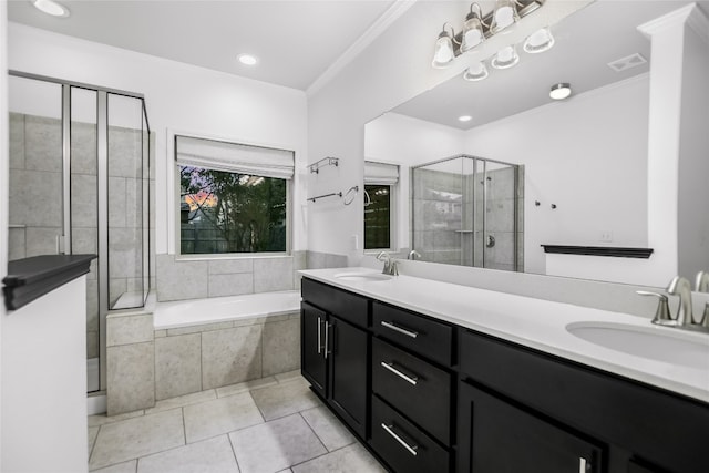 bathroom featuring tile patterned flooring, vanity, separate shower and tub, and ornamental molding