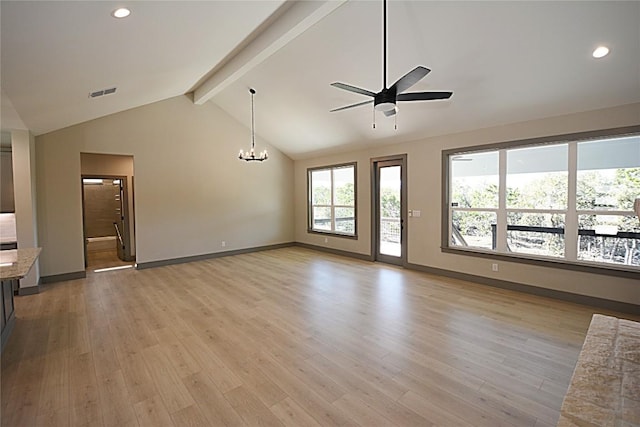 unfurnished living room with lofted ceiling with beams, ceiling fan with notable chandelier, and light hardwood / wood-style floors